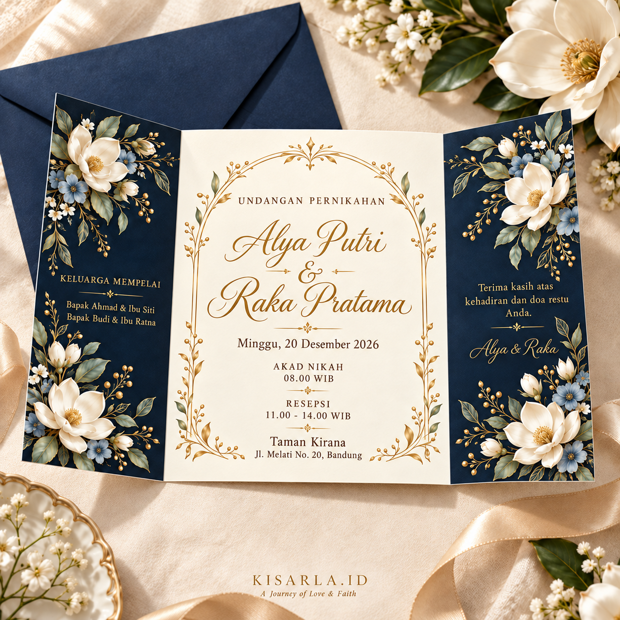 Undangan cetak Undangan Lipat Navy Magnolia Gold